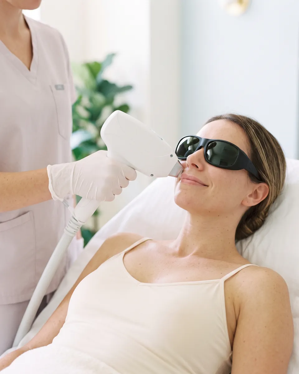 The laser handpiece just above a client's upper lip, the client in protective glasses