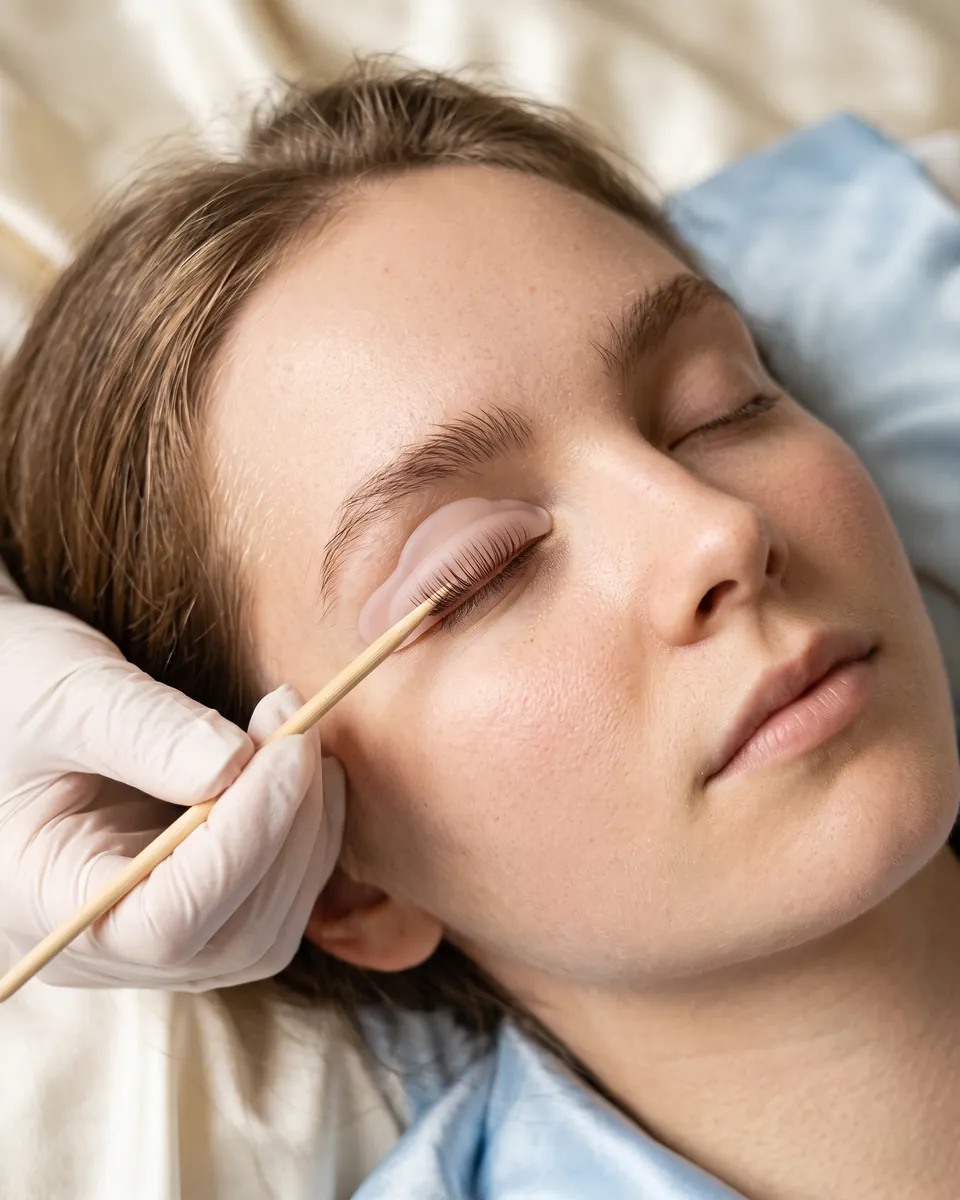 Natural lashes lifted over a soft shield during a lash lift