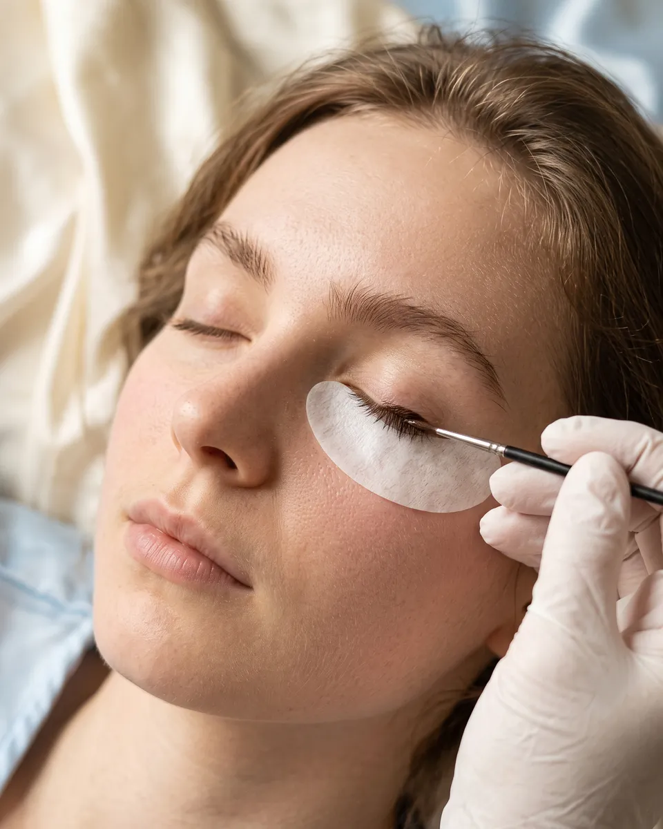 Tint being brushed onto natural lashes, a pad under the eye