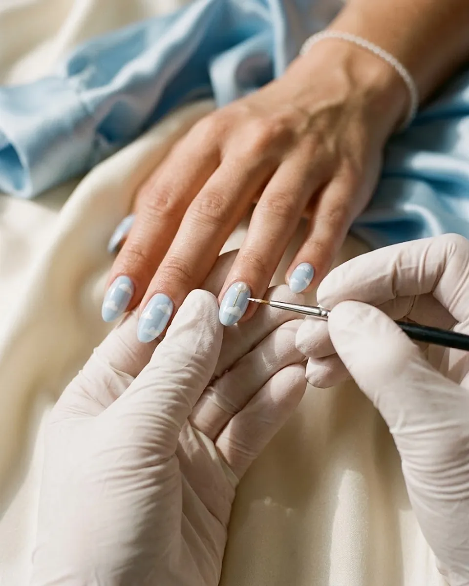 Baby-blue nails painted with small white clouds and a pearl