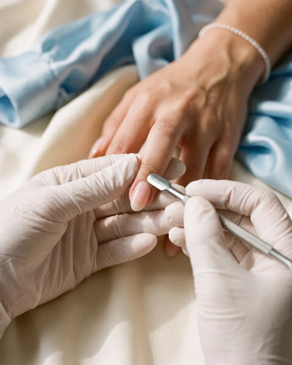 A cuticle pusher tidying the cuticles during a classic manicure