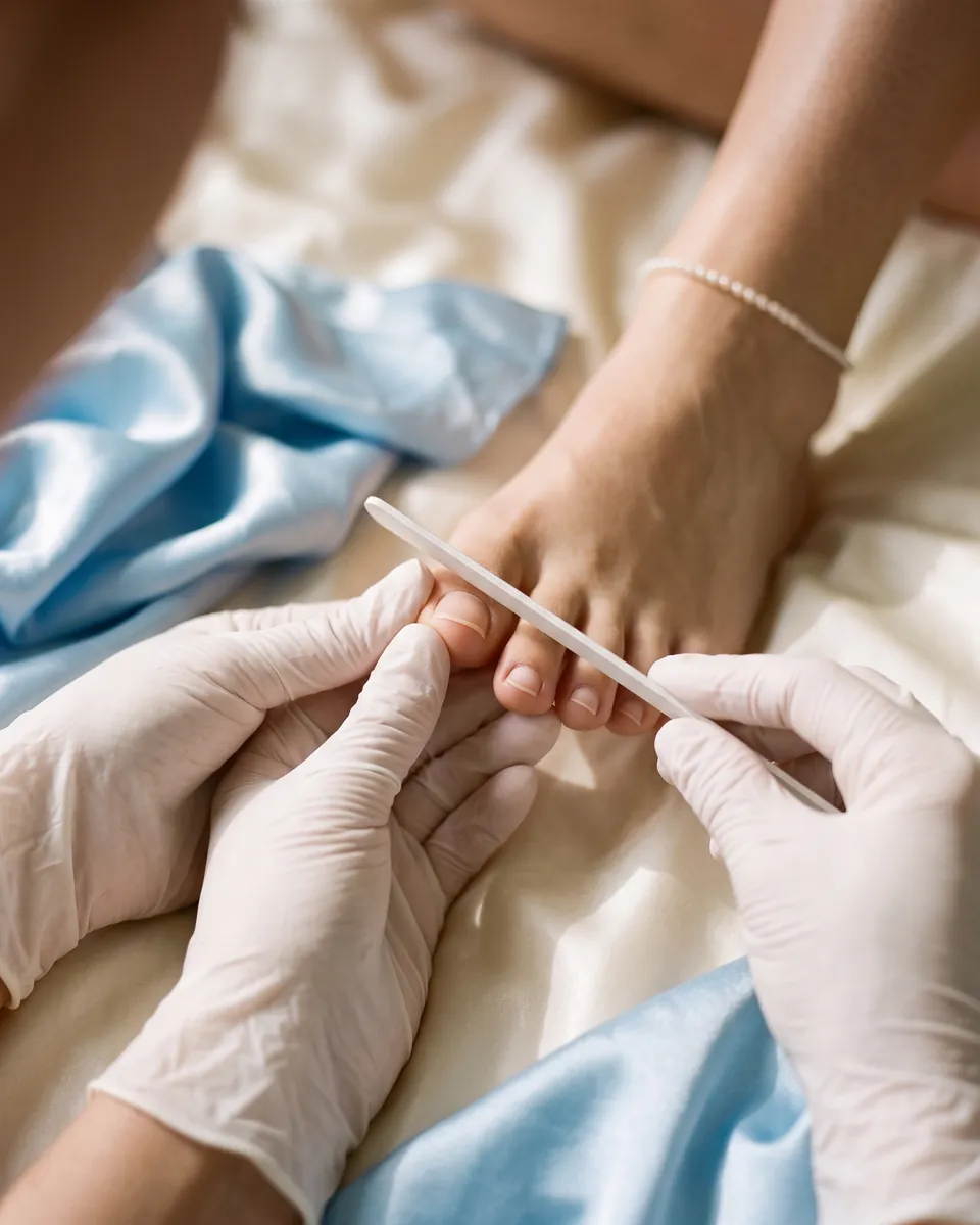 Toenails being shaped during a classic pedicure
