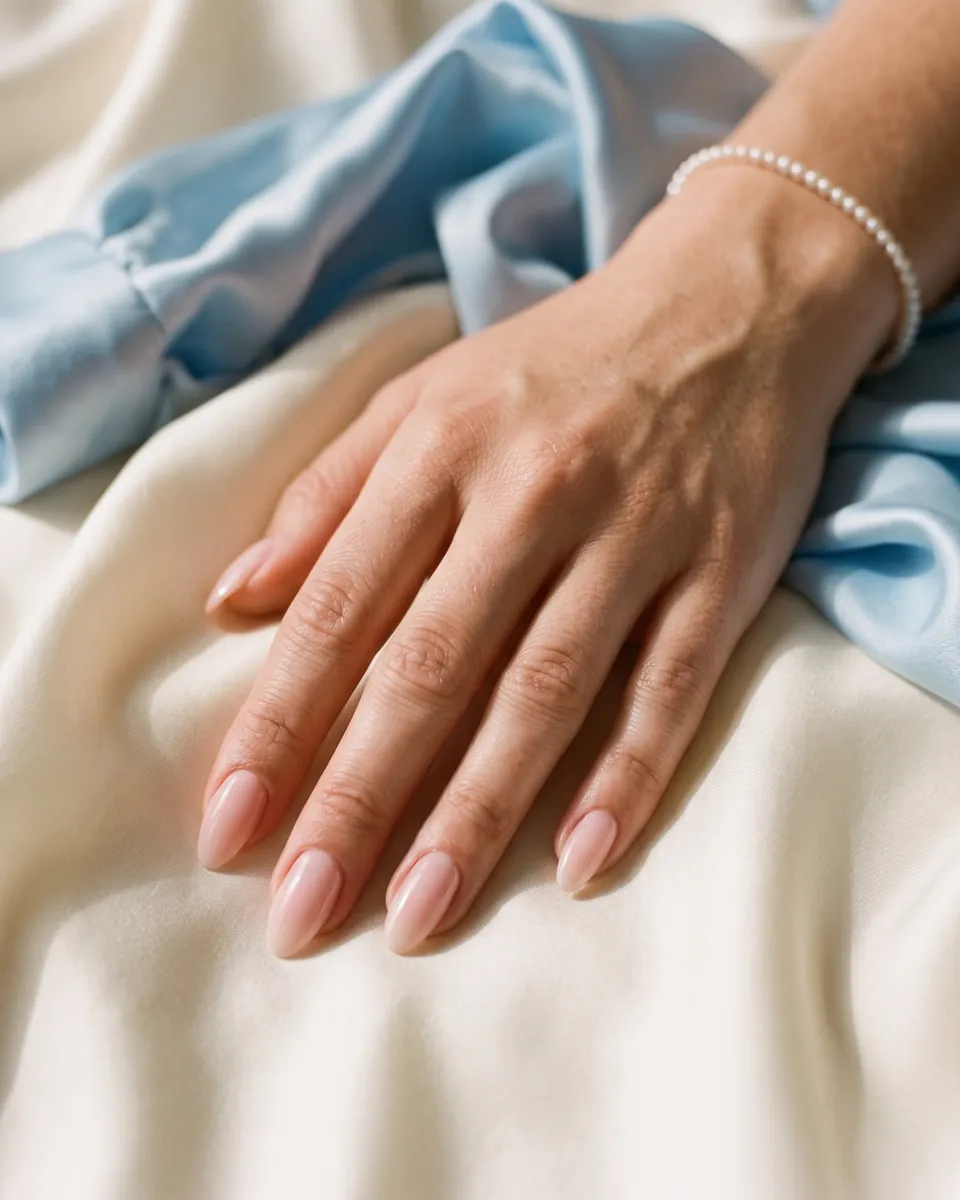 Long almond gel nails in a glossy nude pink