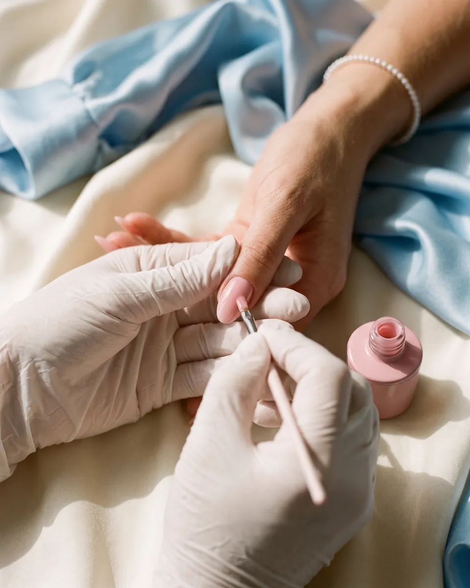 Rose-pink gel polish being brushed onto a nail