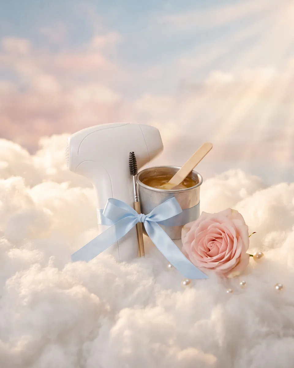 A laser handpiece, a pot of wax and a lash brush tied together with a blue ribbon, on clouds