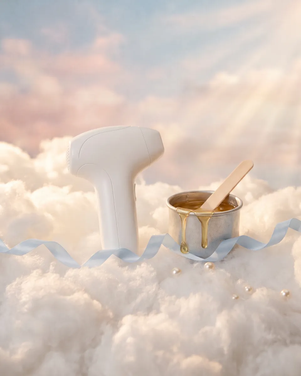 A laser handpiece beside a pot of golden wax, on clouds