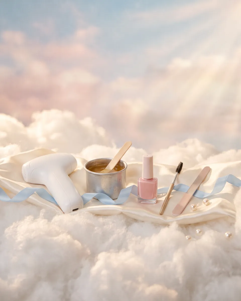 A laser handpiece, a pot of wax, gel polish, a brow brush and a nail file laid out on satin on a cloud