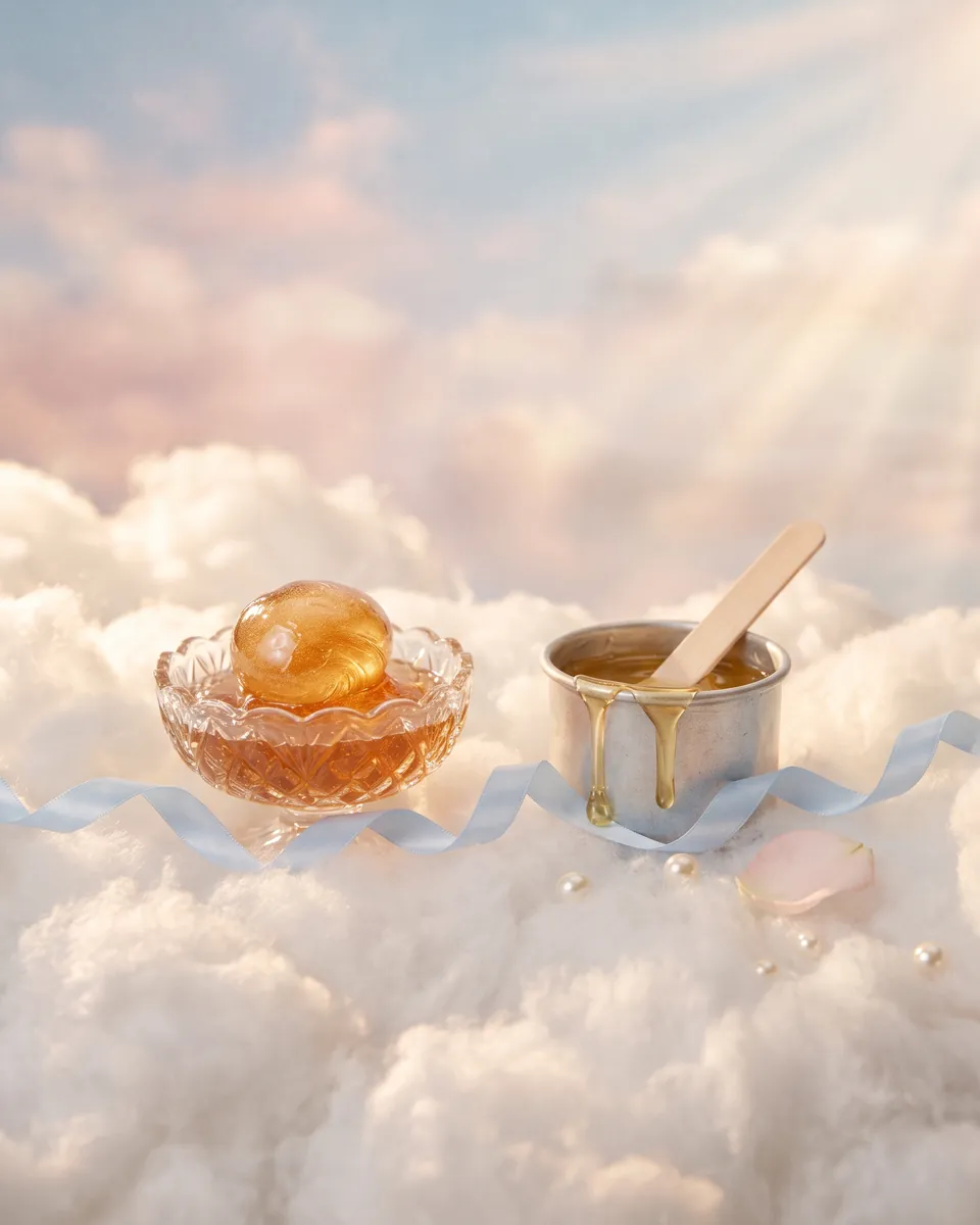A crystal dish of sugar paste beside a pot of golden wax, on clouds