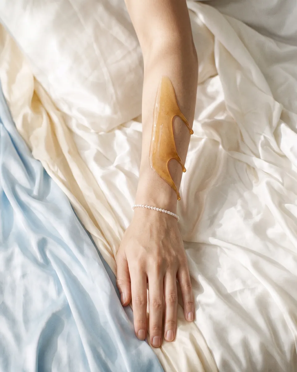 Golden wax along a forearm, on cream and blue satin