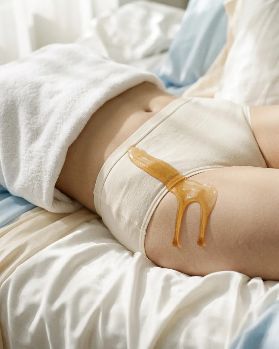 Golden wax along the bikini line beside modest cream briefs, on cream satin