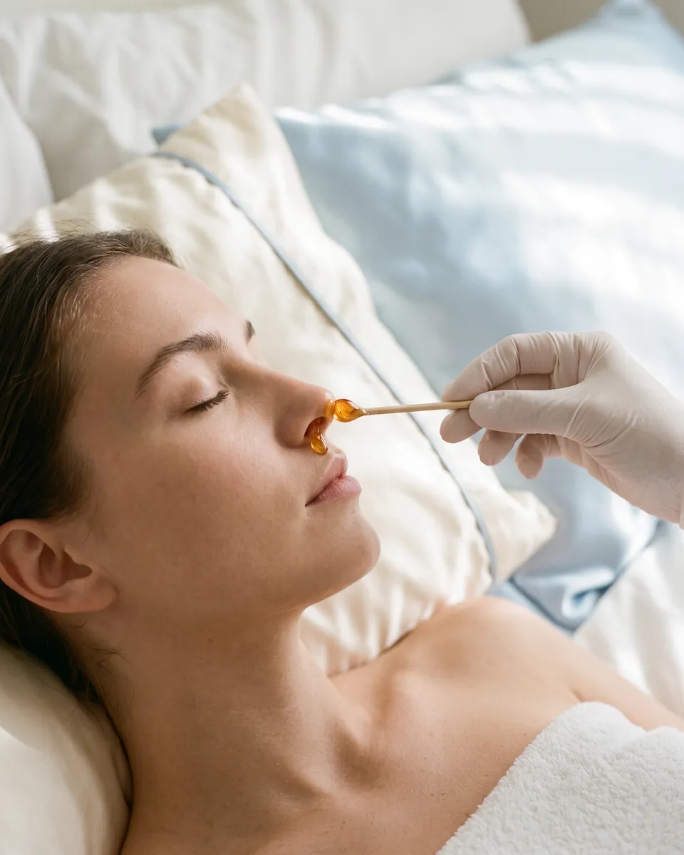 A small bead of golden wax on a wax stick at the nostril
