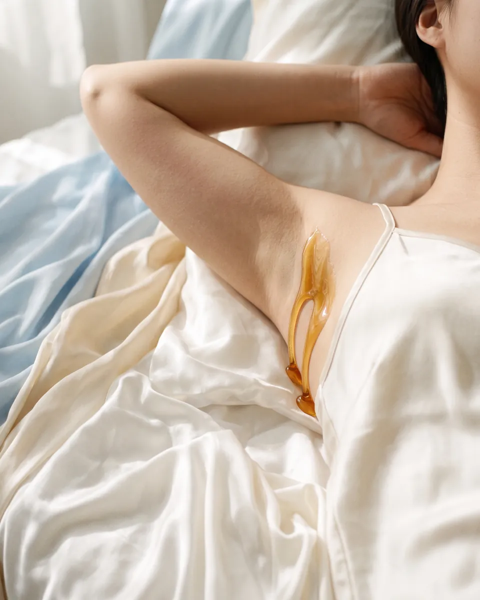 Golden wax in the underarm, on cream and blue satin