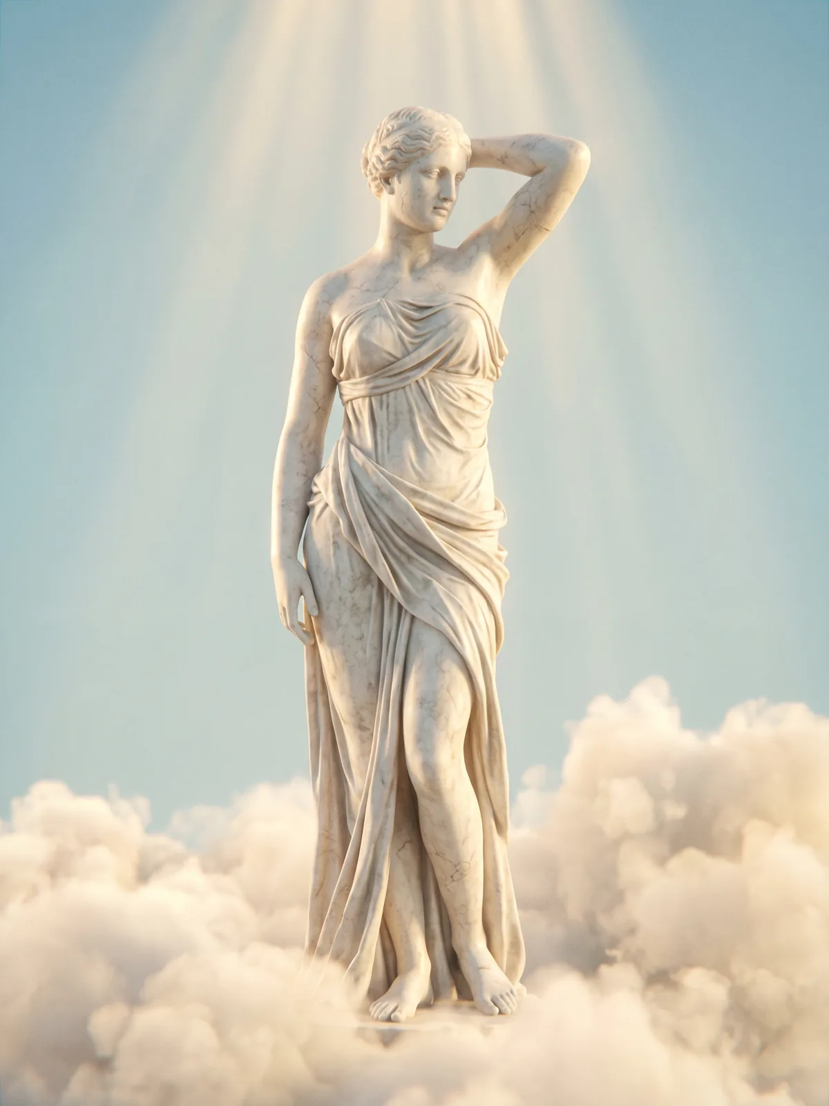 A white marble statue of Venus standing on clouds in a heavenly sky