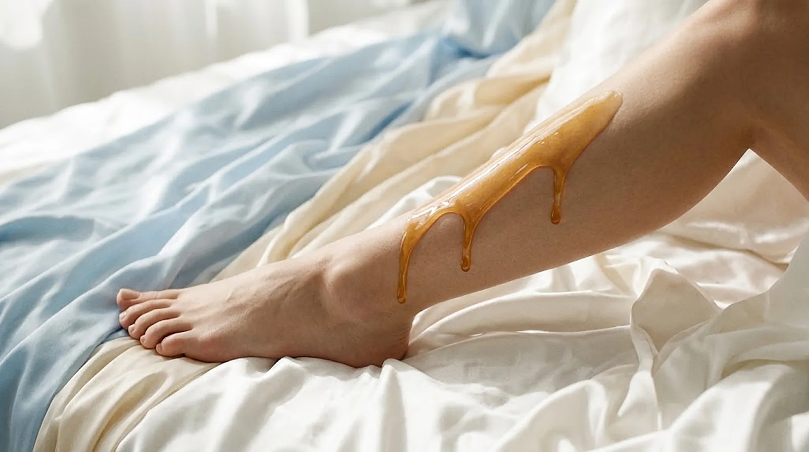 Warm golden wax running down a leg on cream satin